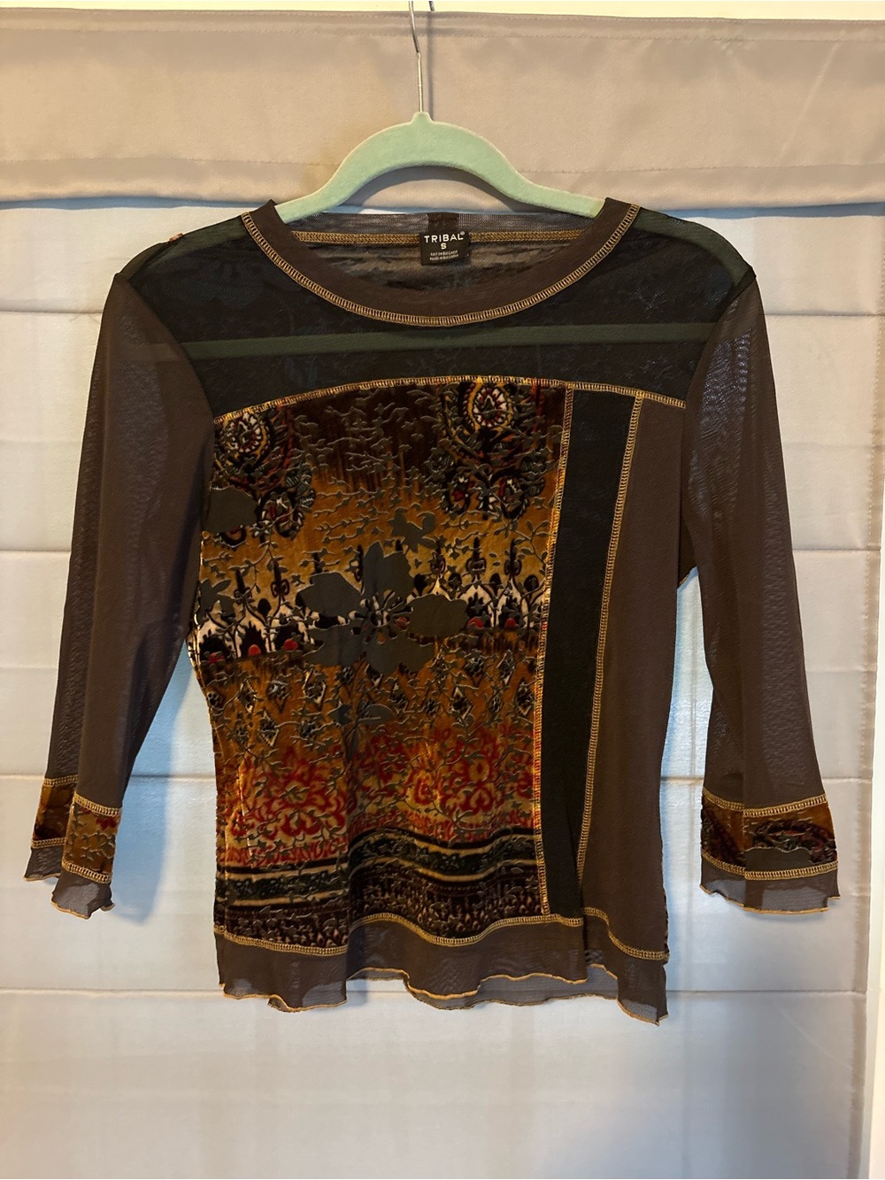Tribal Brown Velvet Panel Mixed-Media Long Sleeve Top